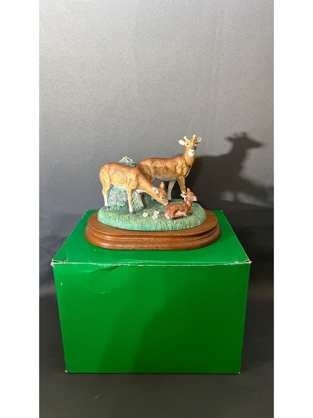 Deer Family Figurine With Wooden Base Portrait Of Nature